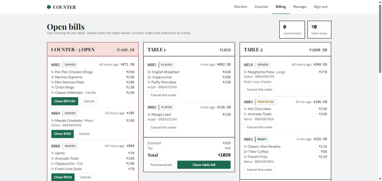 Counter billing screen: one running bill per table with subtotal, tax and total, alongside counter orders