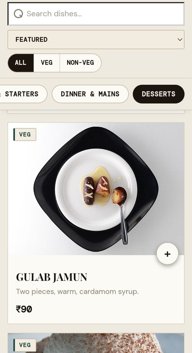 The diner's menu on a phone — a search bar, a veg / non-veg filter, category chips and a Gulab Jamun card with a photo, price and an add button