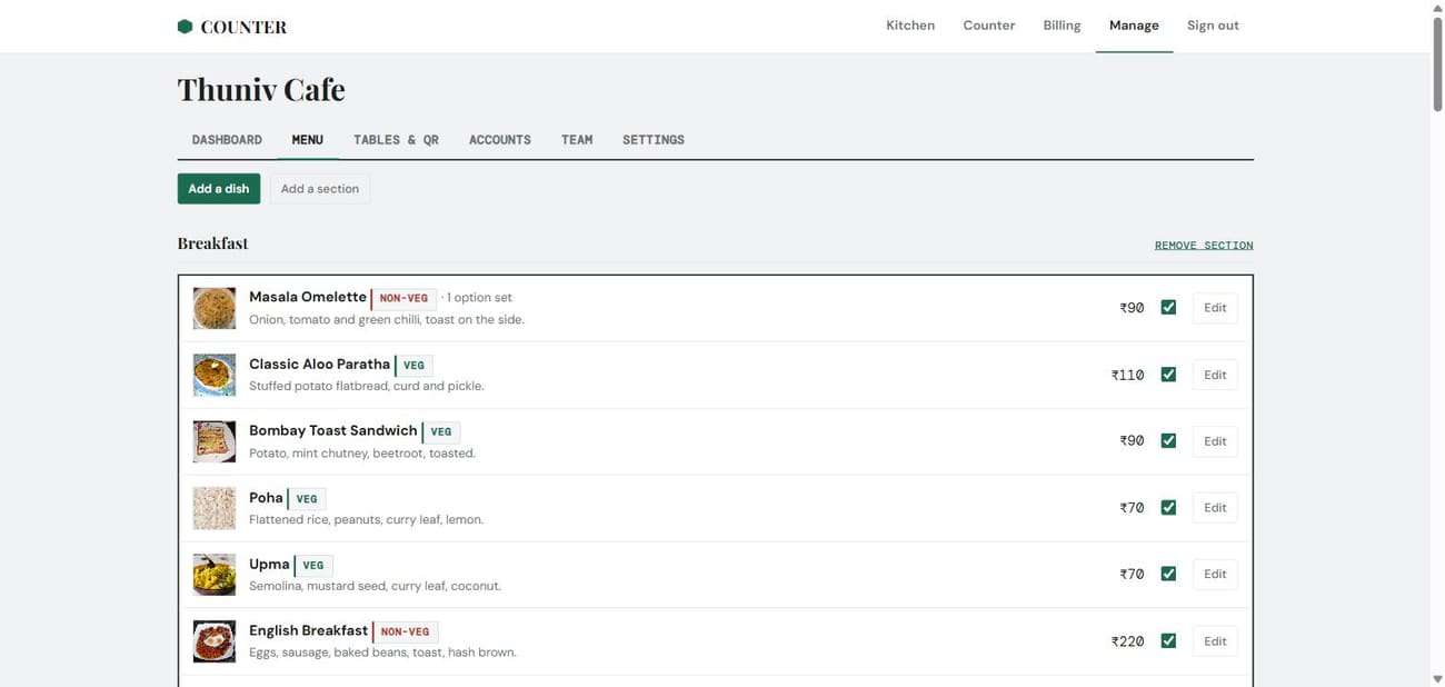 Menu editor showing dish rows with photo, name, veg tag, option set, price and an availability toggle