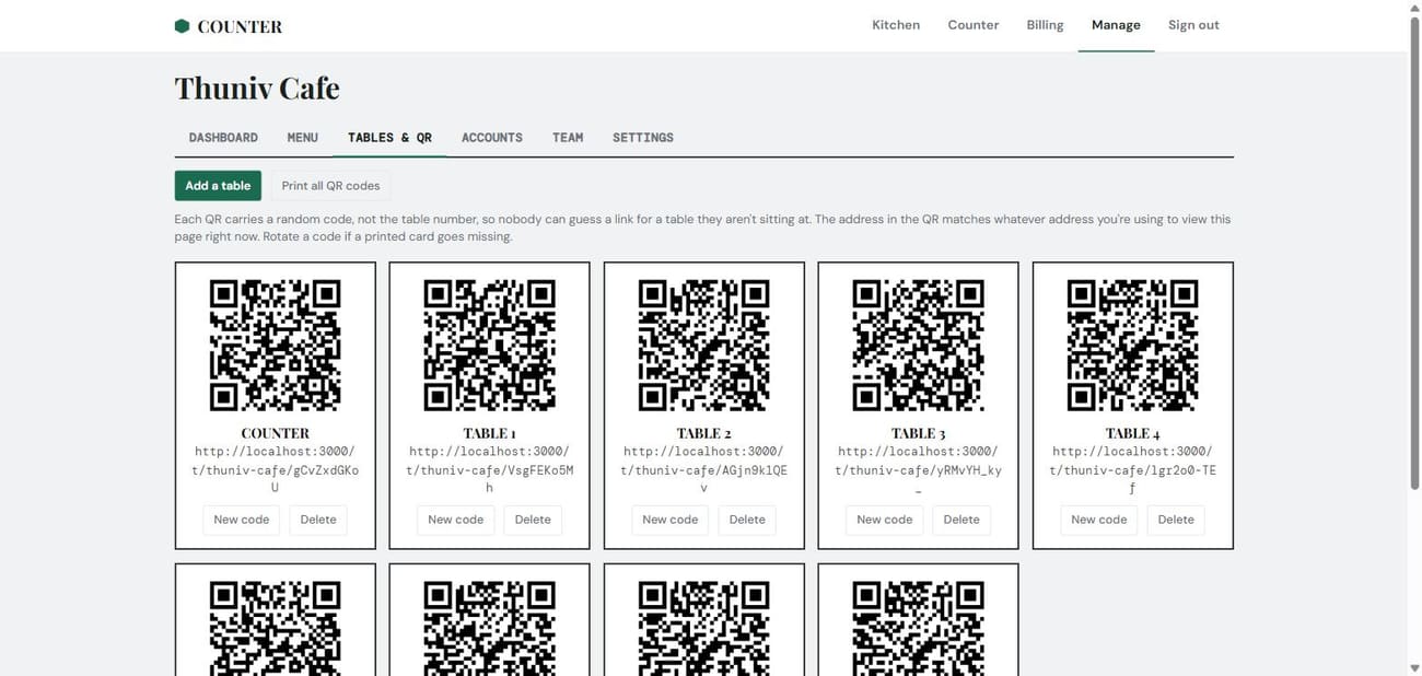 Tables & QR screen: a grid of printable QR-code cards, one per table, each with a rotate-code button